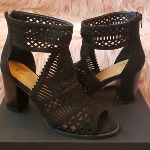 Black suede cutout block heel bootie